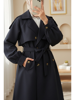 Omzu Apoletli Çift Düğmeli Bolerolu Cepli Kemerli Laci Trençkot