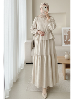 Önü Düğmeli Kolu Lastikli Tünel Bağcıklı Keten Bej Takım