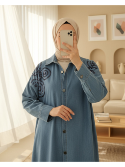 Önü Düğmeli Pul Payet Detaylı Kot Açık Mavi Gömlek