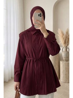 Önü Ve Sırtı Pilise Detaylı Gizli Düğmeli Poplin Bordo Gömlek