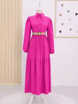 Parçalı Yarım Düğmeli Kemerli Krinkıl Fuşya Elbise