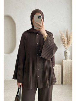 Piliseli Hakim Yaka Düğmeli Krep K. Kahve Takım