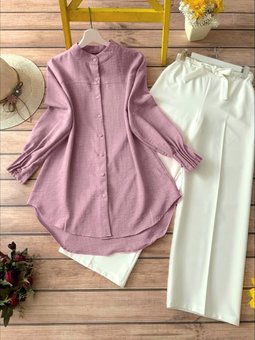 Pudra Kol Manşeti Drapeli Oval Kesim Gömlek