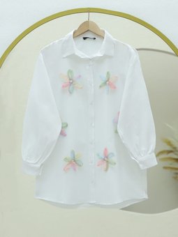 Pullu Çiçek Detaylı Düğmeli Pembe Gömlek