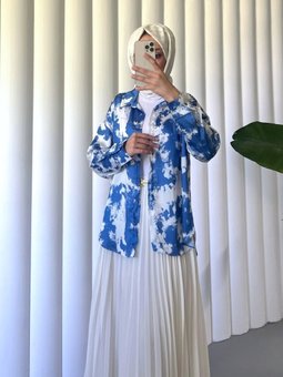 Püskürtme Desen Saten Saks Mavisi Gömlek