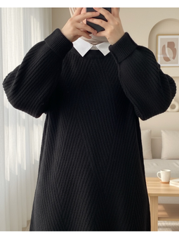 Siyah Bisiklet Yaka Baklava Desen Triko Kazak