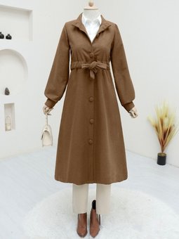 Tarçın Belden Bağlamalı Top Düğmeli Kaşe Kaban