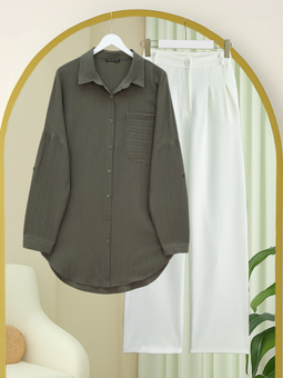 Tek Cepli Çizgi Desen Krinkıl Haki Gömlek