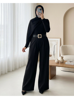 Tokalı Kemerli Beli Katlamalı Bol Paça Modal Krep Siyah Pantolon