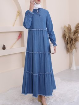 Üç Parça Yıkamalı Kot Mavi Elbise