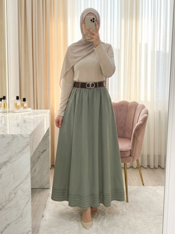 Ucu Dikiş Detaylı Beli Lastikli Astarlı İthal Soft Gabardin Çağla Y. Etek