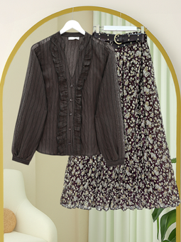 V Yaka Önü Fırfırlı Tensel Yari Transparan Buket K. Kahve Gömlek