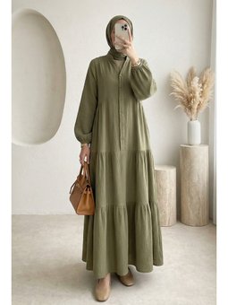 V Yaka Yarım Düğmeli Kolu Lastikli Parçalı Müslin Haki Elbise