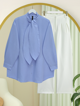 Yakası Bağlamalı Düğmeli Oversize Bebe Mavi Gömlek