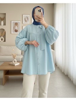Yakası Fiyonk Detaylı Kolu Lastikli Düğmeli Keten Bebe Mavi Tunik