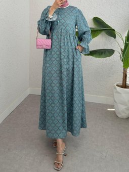 Yarım Düğmeli Beli Bağcıklı Desenli Mint Elbise