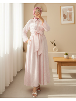 Yarım Düğmeli Beli Bağlamalı Çizgili Pudra Elbise