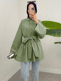 Yarım Düğmeli Beli Bağlamalı Yanı Fermuarlı Çağla Y. Tunik