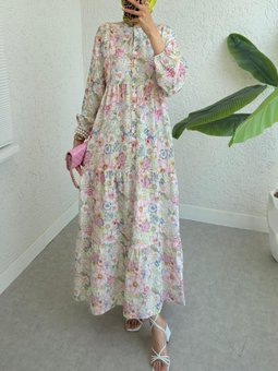 Yarım Düğmeli Kolu Lastikli Çiçek Baskılı G.kurusu Elbise