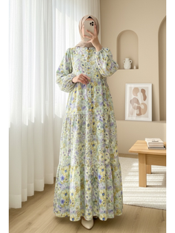 Yarım Düğmeli Kolu Lastikli Çiçek Desenli A.yeşil Elbise