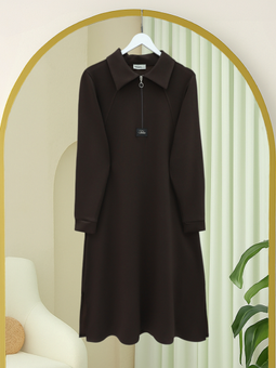 Yarım Fermuarlı Yırtmaçlı Uzun Oyşo K. Kahve Tunik