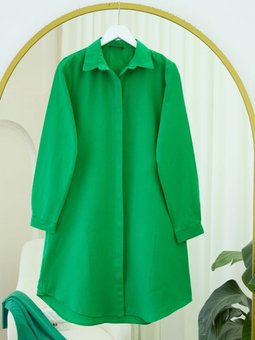 Yeşil Gizli Düğmeli Oval Kesim Uzun Gömlek