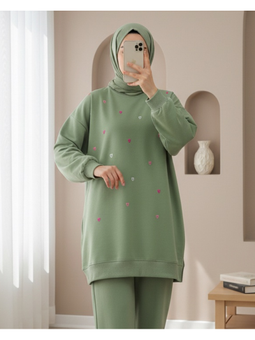 Yuvarlak Yaka Kalp Desenli Penye Çağla Y. Tunik