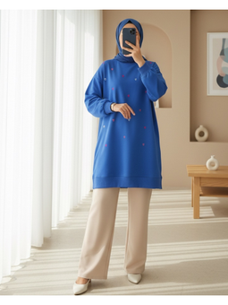 Yuvarlak Yaka Kalp Desenli Penye Mavi Tunik