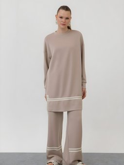 Bej Arma Ve Çizgi Detaylı Modal Kumaş İkili Takım