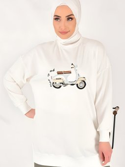 Ekru İki İplik Kumaş Scooter Nakışlı Tunik