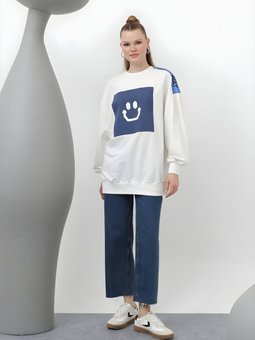 Ekru Smile Baskılı Oversize Tunik