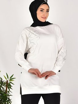 Ekru Taş Desenli İki İplik Kumaş Tunik