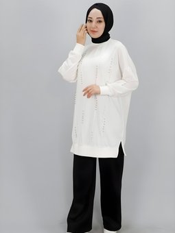 Ekru Taş Detaylı İp Kumaş Sweatshirt Tunik