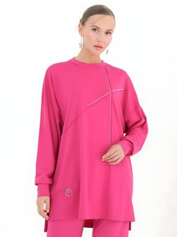 Fuşya Viskon Kumaş Önü Taşlı Tunik