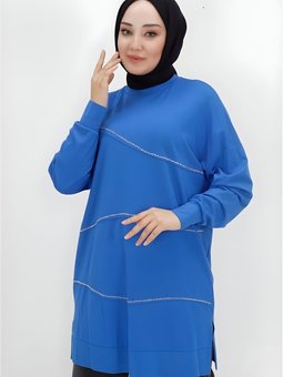 İndigo Viskon Kumaş Önü Taş Şeritli Tunik