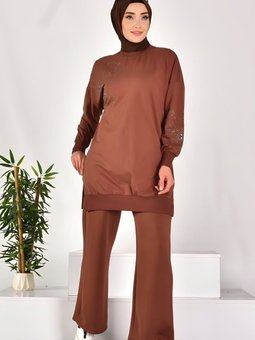 Kahve Taş Desenli İki İplik Kumaş Sweatshirt Tunik