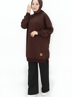Kahverengi İki İp Kumaş Basic Sweatshirt Tunik