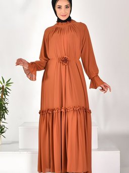 Kiremit Şifon Kumaş Kol Detaylı Elbise