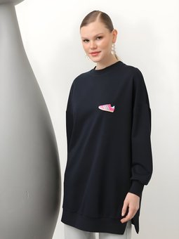 Lacivert Ayakkabı Baskılı İki İplik Kumaş Tunik