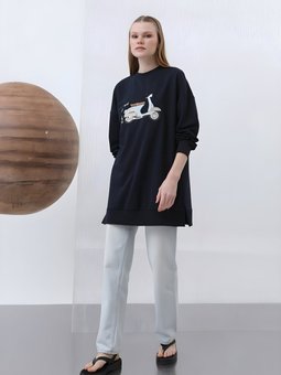 Lacivert Scooter Nakış Detaylı İki İplik Tunik