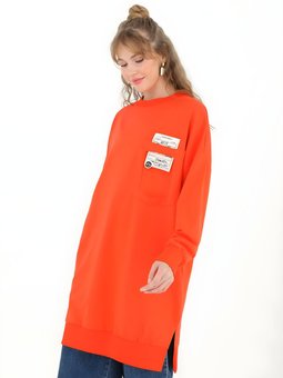 Oranj İki İplik Kumaş Cep Ve Yazı Detaylı Tunik