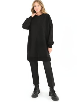 Siyah Çizgili İki İplik Kumaş Garnili Tunik