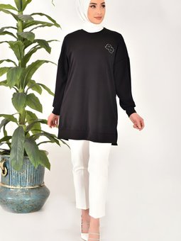 Siyah Modal Kumaş Taş Nakış Detaylı Tunik