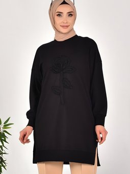 Siyah Nakışlı İncili İki İplik Tunik