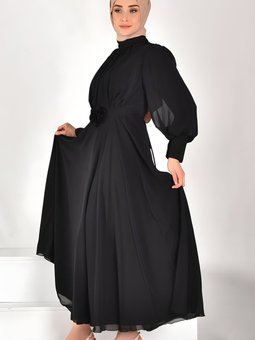 Siyah Şifon Pileli Elbise