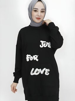 Siyah Tüy Baskılı İp Kumaş Tunik