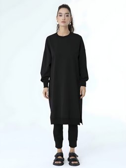 Siyah Uzun Boy Basic İki İp Kumaş Tunik