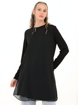 Siyah Uzun Kollu Şifon Dışlı Penye Tunik