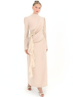 Taş Krep Kumaş Yandan Bağlamalı Abiye Elbise