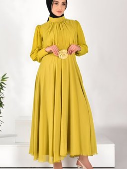 Yağ Yeşili Şifon Pileli Elbise